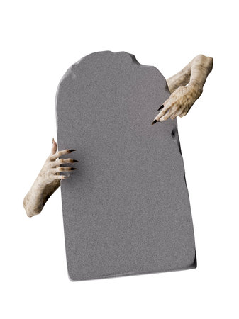 Zombie hands emerging from a tombstone with copy space. Transparent background. 3d renderingの写真素材