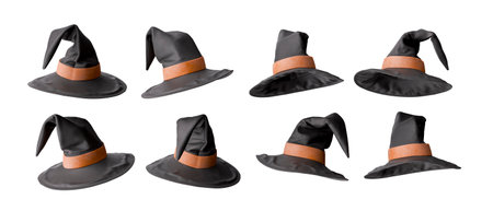 Collection of witch hats in various angles for halloween decorations. Transparent background. 3d renderingの写真素材