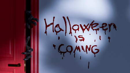 Scary hands opening a red door, with a bloody message on the wall announcing Halloween. 3d renderingの写真素材