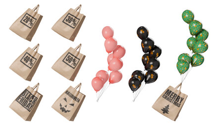 Set of shopping bags hung on balloons for Christmas, Halloween, black friday and sales. Transparent background. 3d renderingの写真素材