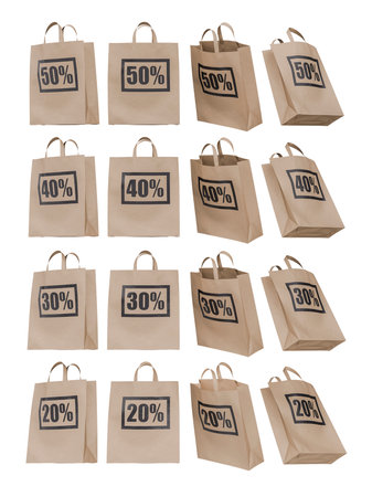 Set of brown paper shopping bags with discount percentages and different angles. Transparent background. 3d renderingの写真素材