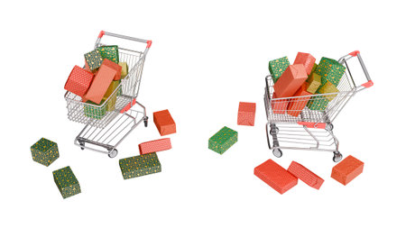 Christmas shopping carts filled with colorful wrapped holiday gifts. Transparent background. 3d renderingの写真素材