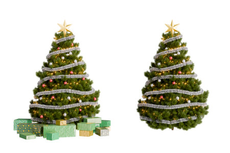 Decorated Christmas trees with gifts and tinsel. Transparent background. 3d renderingの写真素材