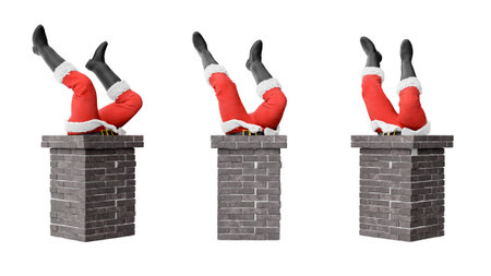 Santa claus stuck in chimney. Transparent background. 3d renderingの写真素材