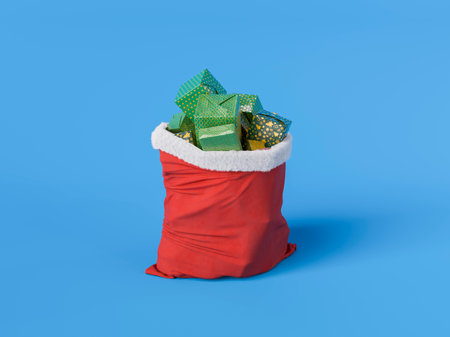 Red Santa Claus bag overflowing with wrapped Christmas presents on a blue background. 3d renderingの写真素材