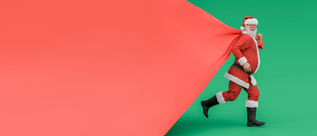 Santa Claus running fast carrying his big red bag full of Christmas presents on a green background. 3d renderingの写真素材