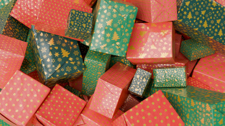 Background of a big pile of wrapped paper gifts with Christmas patterns and colors. 3d rendering.の写真素材