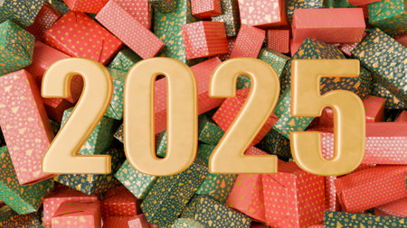 New year 2025 golden numbers surrounded by gift boxes with christmas patterns and colors. 3d...
