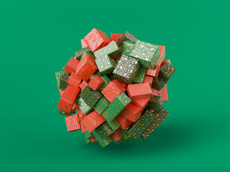 Christmas presents wrapped in colorful paper forming a sphere on a green background. 3d renderingの写真素材
