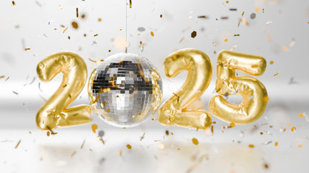 Golden balloons forming the number 2025 with a disco ball celebrating new year's eve on a metallic background with falling confetti. 3d renderingの写真素材