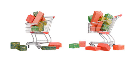 Two shopping carts filled with Christmas gifts and presents. Transparent background. 3d renderingの写真素材