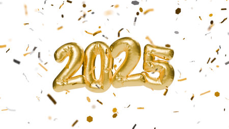 Golden balloons forming number 2025 floating on white background with falling confetti on white background. 3d renderingの写真素材