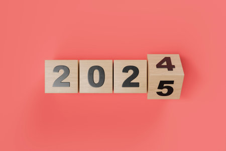 Wooden cubes changing towards the year 2025. New year concept and future opportunities. 3d rendering.の写真素材