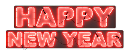 Vibrant red neon sign with a festive happy new year message. Transparent background. 3d renderingの写真素材
