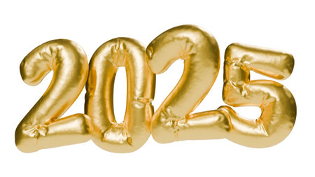 Golden balloons forming the number 2025, representing the upcoming new year. Transparent background....