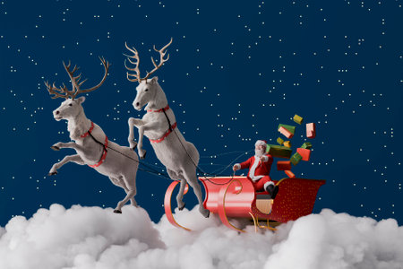 Santa Claus is flying through the night sky in his sleigh pulled by reindeer and delivering Christmas gifts over a big cloud. 3d renderingの写真素材