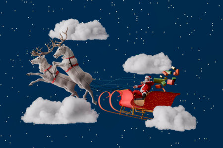 Santa claus driving sleigh pulled by reindeer and delivering christmas presents through a starry night sky with clouds. 3d renderingの写真素材