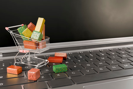 Shopping cart full of christmas gifts standing on laptop keyboard representing online shopping during holidays. 3d renderingの写真素材