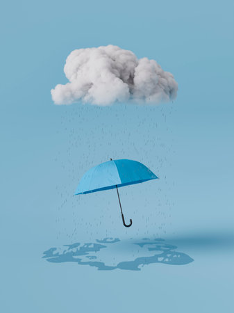 Blue umbrella protecting from the rain that comes from a cloud on a blue studio background. Blue Monday concept. 3d renderingの写真素材