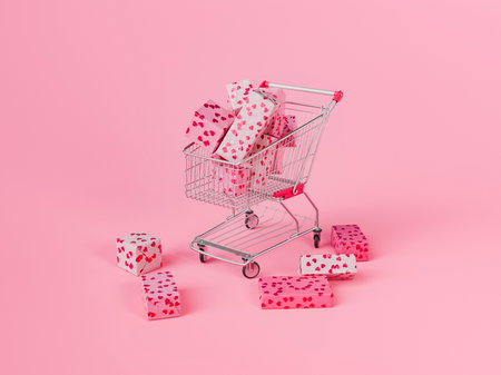 Miniature shopping cart overflowing with pink and white valentine's day gifts decorated with hearts on a pink background. 3d renderingの写真素材