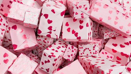 Many pink gift boxes decorated with small red hearts create a romantic atmosphere for Valentine's Day. 3d renderingの写真素材