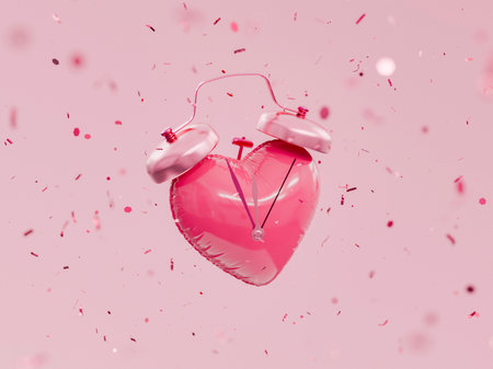 Pink heart shaped alarm clock ringing surrounded by falling confetti on a pink background. 3d renderingの写真素材
