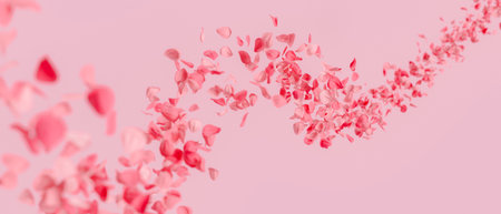 Stream of flower petals swirling gracefully against a pastel pink backdrop, creating a romantic and dreamy atmosphere. 3d renderingの写真素材
