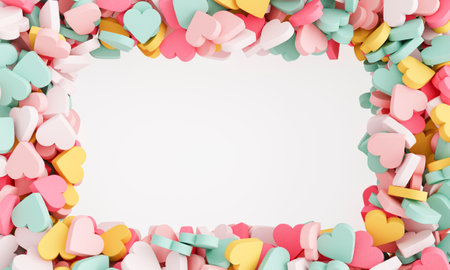 Pastel colored hearts forming a rectangular frame on a white background. 3d renderingの写真素材