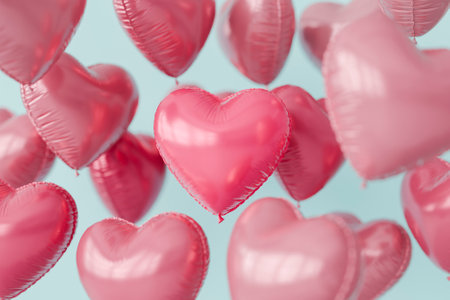 Pink heart shaped balloons floating against a light blue background. 3d renderingの写真素材