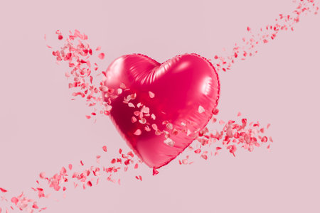 Pink heart shaped balloon surrounded by swirling flower petals. 3d renderingの写真素材
