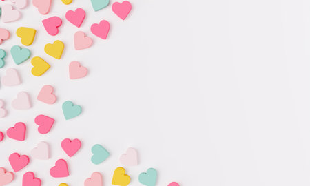 Small, pastel colored hearts forming a decorative border on a clean white background. 3d renderingの写真素材