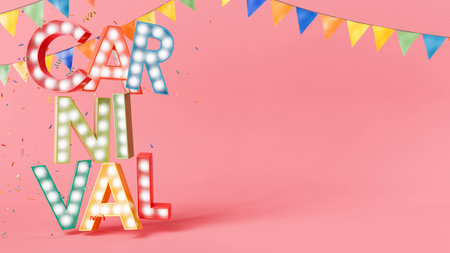 Colorful illuminated letters spelling carnival with flags and confetti falling against a vibrant pink backdrop, creating a festive atmosphere. 3d renderingの写真素材