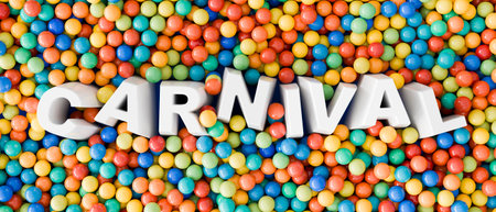 White 3d letters resting on colorful candy balls spelling the word carnival, representing the fun and excitement of the event. 3d renderingの写真素材