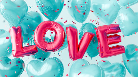 Red foil balloons forming the word love floating among heart shaped turquoise balloons and confetti on a light blue background, creating a romantic atmosphere. 3d renderingの写真素材