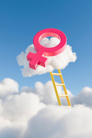 Pink female gender symbol resting on a cloud high in the sky with a yellow ladder leading to it representing women's career and social achievements. 3d renderingの写真素材