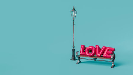 Pink inflatable love balloons sitting on a park bench under a lamppost against a turquoise background. 3d renderingの写真素材