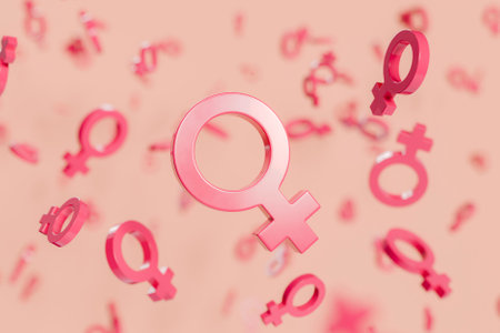 Pink female symbols are floating on a pastel background, celebrating women and feminism. 3d renderingの写真素材