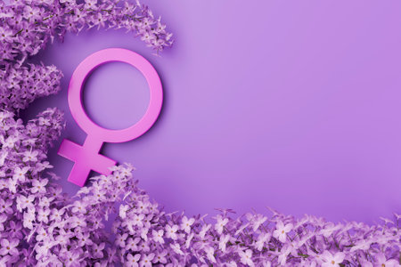 Pink female gender symbol with lilac flowers framing it on a purple background, representing women's day and femininity. 3d renderingの写真素材