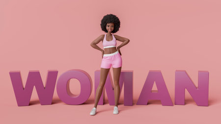 3d rendering of a strong, determined, sporty woman standing proudly in front of large purple letters spelling out woman against a pink background. 3d renderingの写真素材