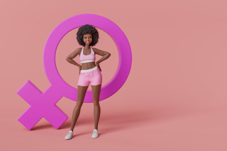 Sporty black woman standing next to a large pink female gender symbol on a pink background, celebrating women's rights and equality. 3d renderingの写真素材