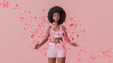 Serene young black woman meditating amidst swirling flower petals, embodying mindfulness and self care. 3d renderingの写真素材