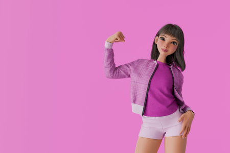 Fashionable young cartoon woman flexing her bicep, conveying strength, confidence, and empowerment against a vibrant pink backdrop. 3d renderingの写真素材