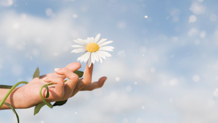 Hand holding a daisy flower with stems wrapped around the wrist against a blurred cloudy sky, capturing spring and nature's beauty. 3d renderingの写真素材