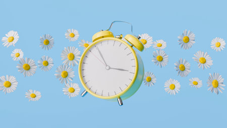 Yellow alarm clock surrounded by daisies floating on a light blue background representing the arrival of spring and the concept of time. 3d renderingの写真素材