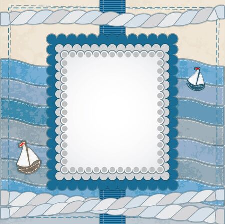 Vintage scrapbook nautical card with frame, ropes and ships のイラスト素材
