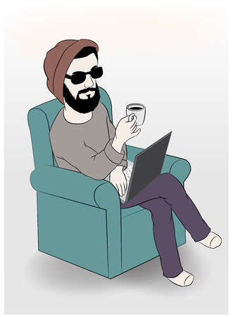 Man using laptop while having coffee on sofa, vector illustrationのイラスト素材