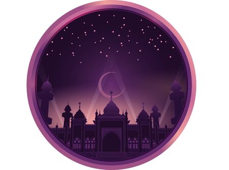 Purple color sky night landscape with mosque, crescent, in the circle border, vector Illustrationのイラスト素材