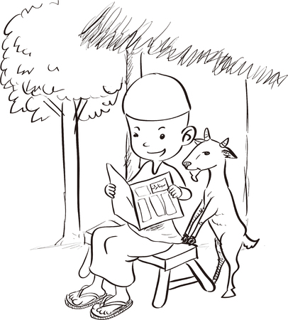 Muslim boy reading with a goat - Sketch Drawing illustrationのイラスト素材