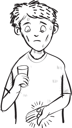 Cartoon of man scared of a pill and capsule. line art drawingのイラスト素材