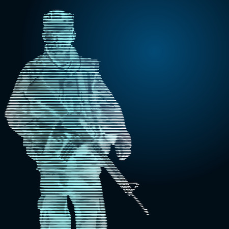 Abstract Soldier holding gun, engrave style on blue background, concept of military or army-Vector Illustration.のイラスト素材